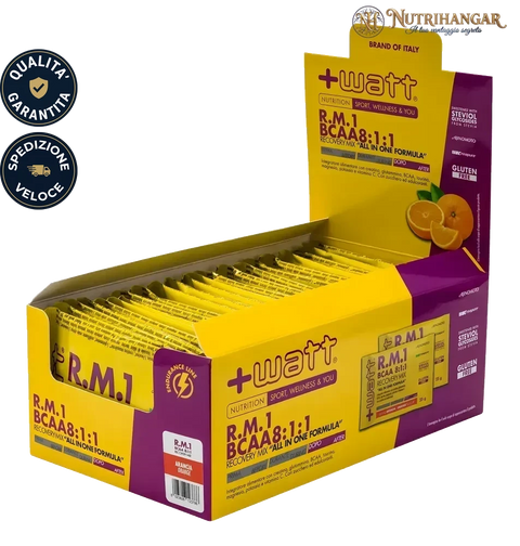 Confezione di R.M.1 BCAA 8:1:1 Recovery Mix +Watt integratore recupero Gusto Arancia Box 22 pz