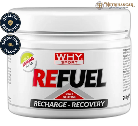Barattolo dell'integratore Refuel Why Sport per il recupero endurance Gusto Agrumi 