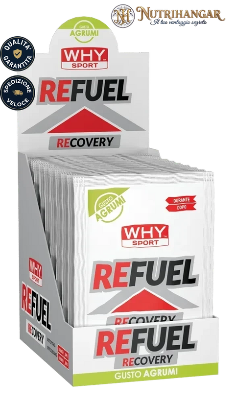 Busta dell'integratore Refuel Why Sport per il recupero endurance Gusto Agrumi Box 20 pz