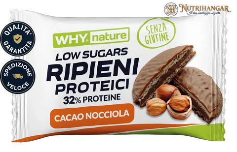 Confezione di Ripieni Proteici Why Nature, wafer al cioccolato con ripieno proteico. Gusto Cacao Nocciola