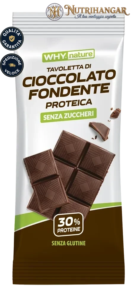 Tavoletta di Cioccolato Fondente Proteica Why Nature con crisp di proteine del latte.