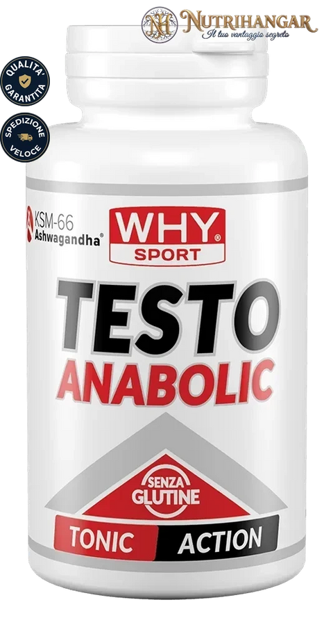 Flacone dell'integratore Testo Anabolic Why Sport con Ashwagandha KSM-66®
