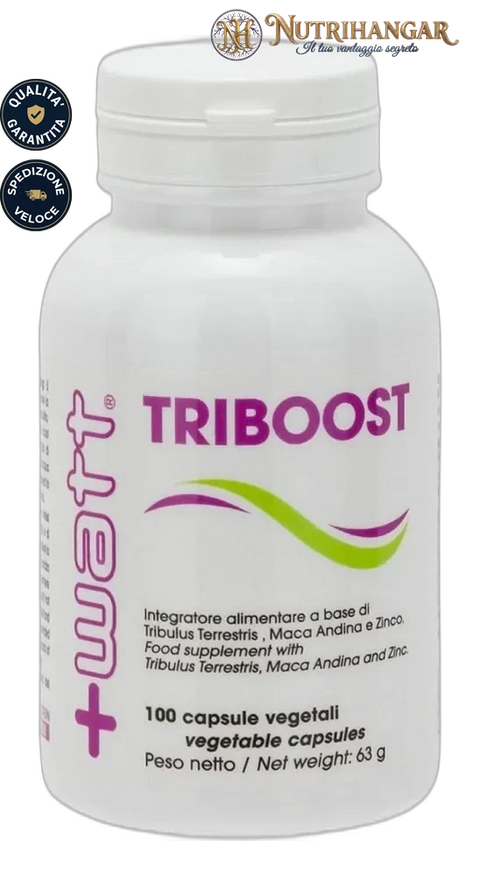 Confezione Triboost +Watt integratore tonico per sportivi.