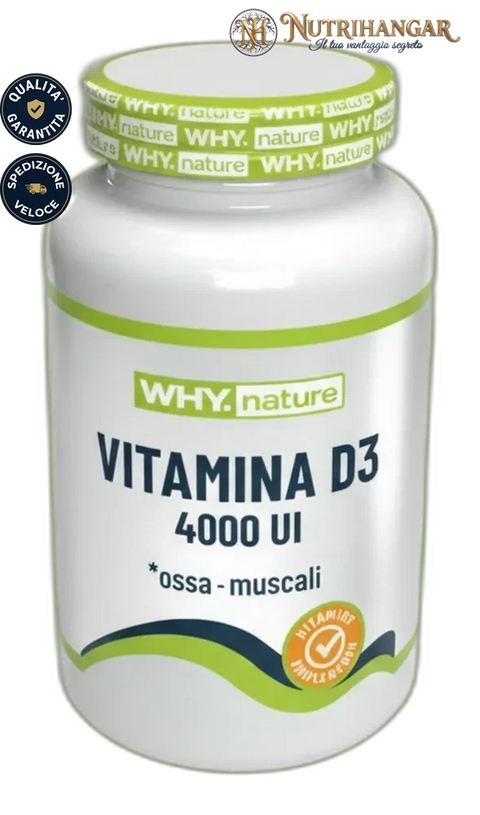Flacone di Vitamina D3 4000 UI Why Nature con dettagli del prodotto