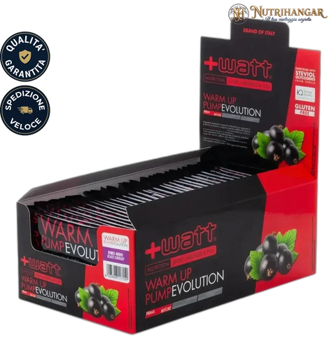 Integratore energetico Warm Up Pump Evolution +Watt per sportivi.  Gusto Ribes Nero Box 20 px