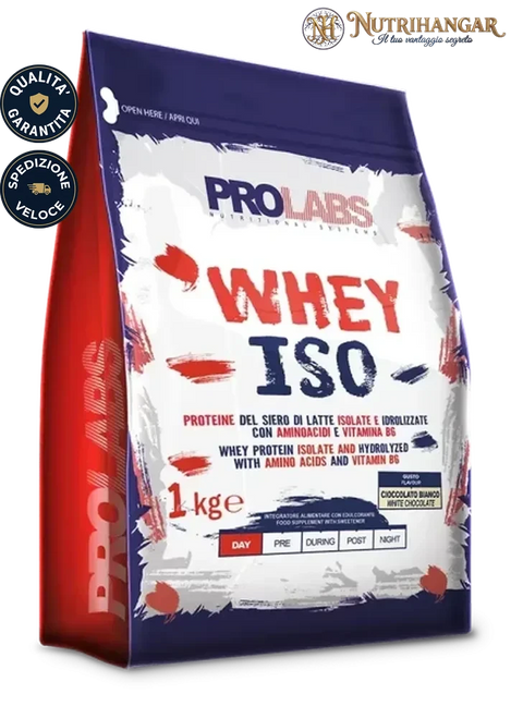 Confezione di integratore proteico Whey Iso Prolabs per sportivi. Cioccolato Bianco 1 kg
