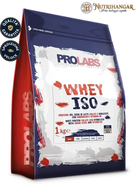 Confezione di integratore proteico Whey Iso Prolabs per sportivi. Cookies & Cream