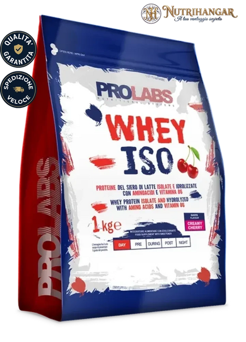 Confezione di integratore proteico Whey Iso Prolabs per sportivi. Creamy Cherry 1 kg
