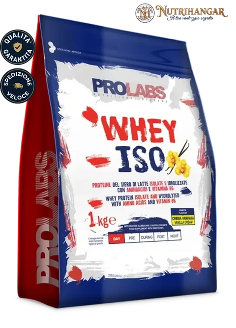 Confezione di integratore proteico Whey Iso Prolabs per sportivi. Crema vaniglia 1 kg