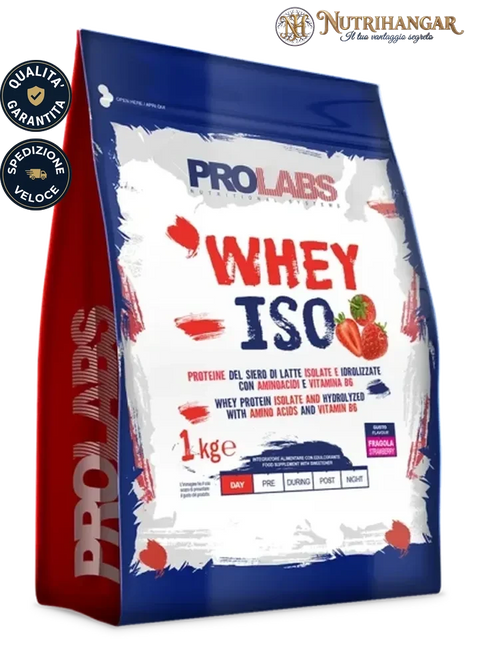 Confezione di integratore proteico Whey Iso Prolabs per sportivi. Fragola 1 kg