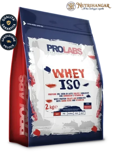 Confezione di integratore proteico Whey Iso Prolabs per sportivi. Cioccolato 2 kg