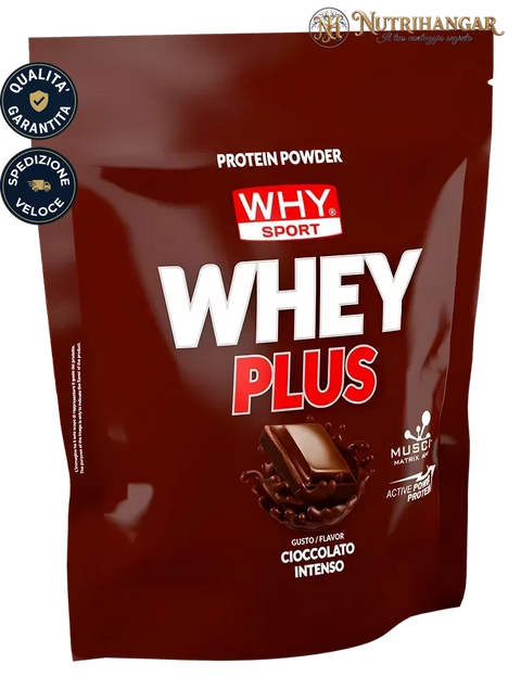 Barattolo di Whey Plus Why Sport, proteine in polvere per recupero e crescita Gusto Cioccolato Intenso
