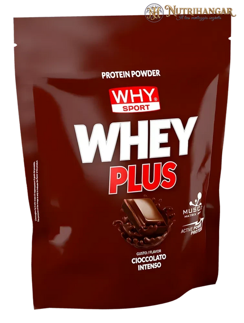 Barattolo di Whey Plus Why Sport, proteine in polvere per recupero e crescita Gusto Cioccolato Intenso