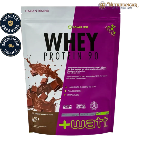 Barattolo Whey Protein 90 +Watt proteine isolate in polvere. Gusto Cacao Doypack 750 gr
