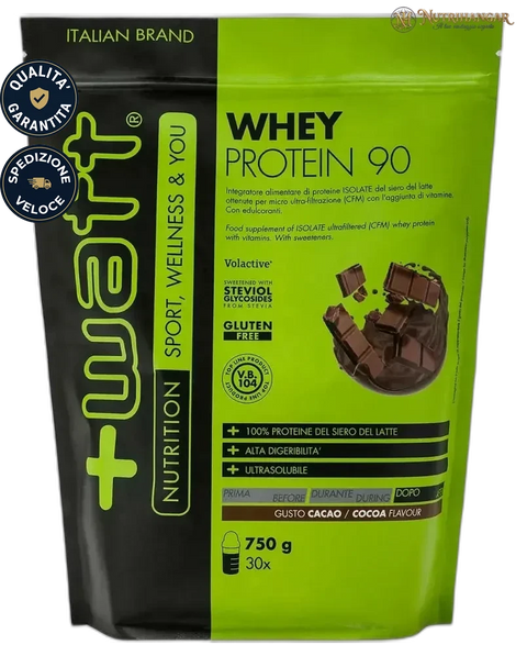 Barattolo Whey Protein 90 +Watt proteine isolate in polvere. Gusto Cacao Doypack 750 gr