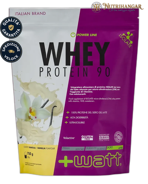 Barattolo Whey Protein 90 +Watt proteine isolate in polvere. Gusto Vaniglia Doypack 750 gr