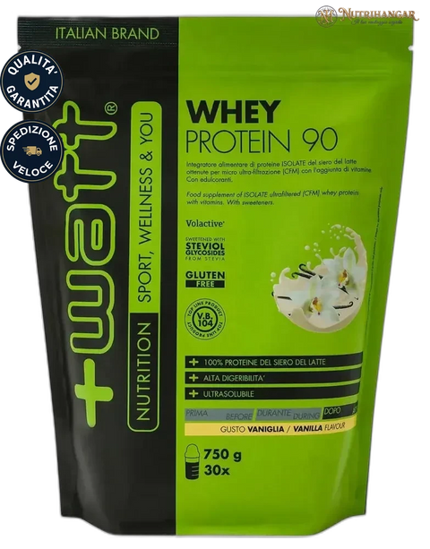 Barattolo Whey Protein 90 +Watt proteine isolate in polvere. Gusto Vaniglia Doypack 750 gr