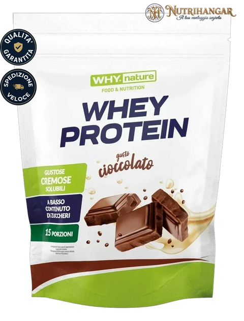 Busta o barattolo di Whey Protein Why Nature Gusto Cioccolato