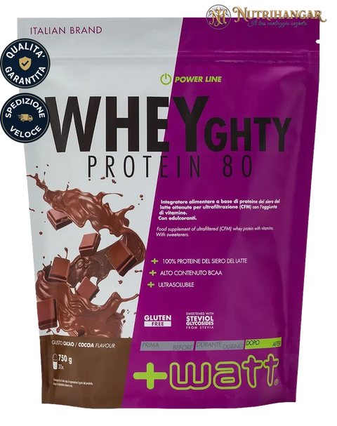 Shake proteico preparato con Wheyghty Protein 80 +Watt. Gusto Cacao Doypack 750 gr