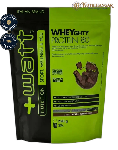 Shake proteico preparato con Wheyghty Protein 80 +Watt. Gusto Cacao Doypack 750 gr
