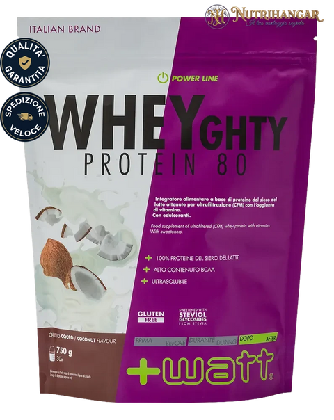Shake proteico preparato con Wheyghty Protein 80 +Watt. Gusto Cocco Doypack 750 gr