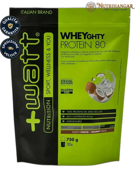 Shake proteico preparato con Wheyghty Protein 80 +Watt. Gusto Cocco Doypack 750 gr