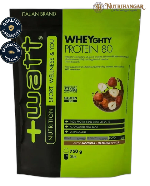 Shake proteico preparato con Wheyghty Protein 80 +Watt. Gusto Nocciola Doypack 750 gr