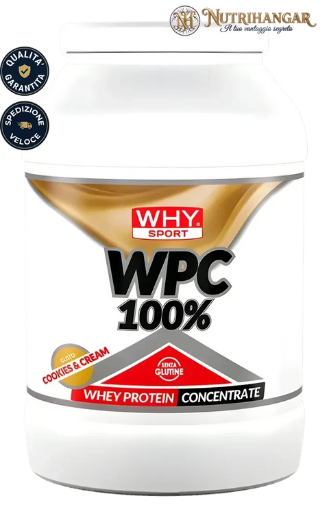 Barattolo di proteine concentrate WPC 100% Why Sport per la massa muscolare Gusto Cookies & Cream 2 kg