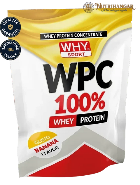 Barattolo di proteine concentrate WPC 100% Why Sport per la massa muscolare Gusto Banana 1 kg