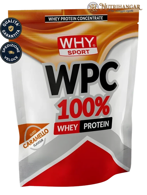 Barattolo di proteine concentrate WPC 100% Why Sport per la massa muscolare Gusto Caramello 1 kg