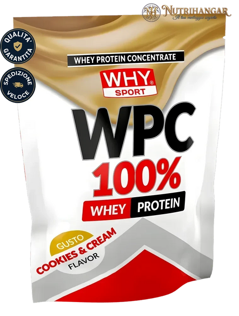 Barattolo di proteine concentrate WPC 100% Why Sport per la massa muscolare Gusto Cookies & Cream 1 kg