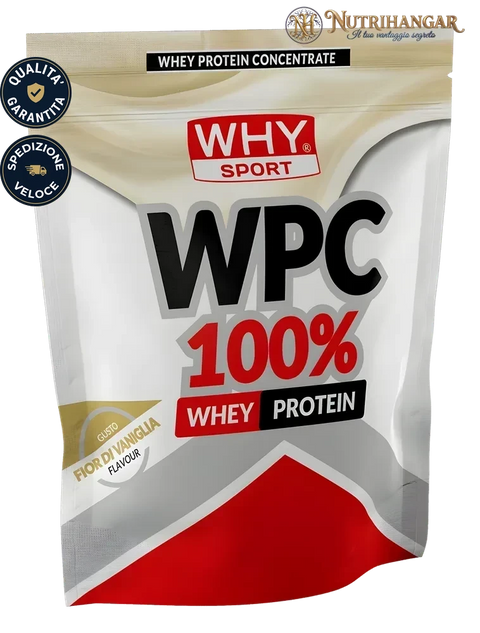 Barattolo di proteine concentrate WPC 100% Why Sport per la massa muscolare Gusto Fior di Vaniglia 1 kg