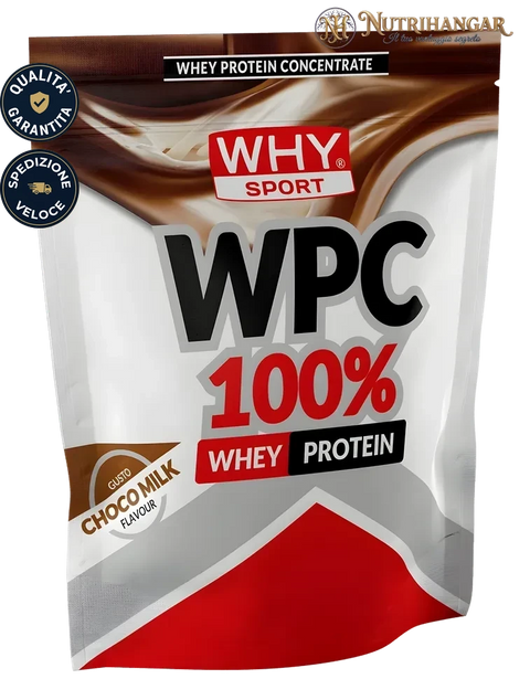 Barattolo di proteine concentrate WPC 100% Why Sport per la massa muscolare Gusto Choco Milk 1 kg