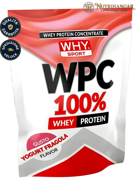 Barattolo di proteine concentrate WPC 100% Why Sport per la massa muscolare Gusto Yogurt Fragola 1 kg