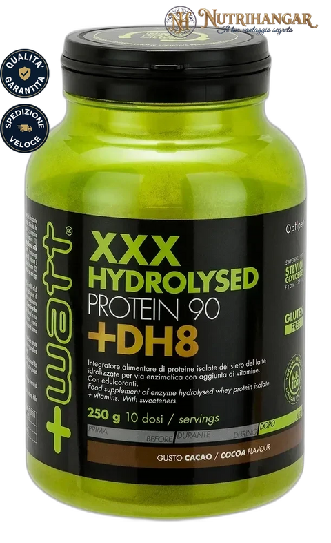Barattolo di XXX Hydrolysed Protein 90 +DH8 +Watt integratore proteico Gusto Cacao 250 gr