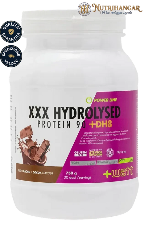 Barattolo di XXX Hydrolysed Protein 90 +DH8 +Watt integratore proteico Gusto Cacao 750 gr