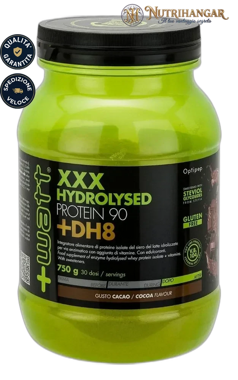 Barattolo di XXX Hydrolysed Protein 90 +DH8 +Watt integratore proteico Gusto Cacao 750 gr